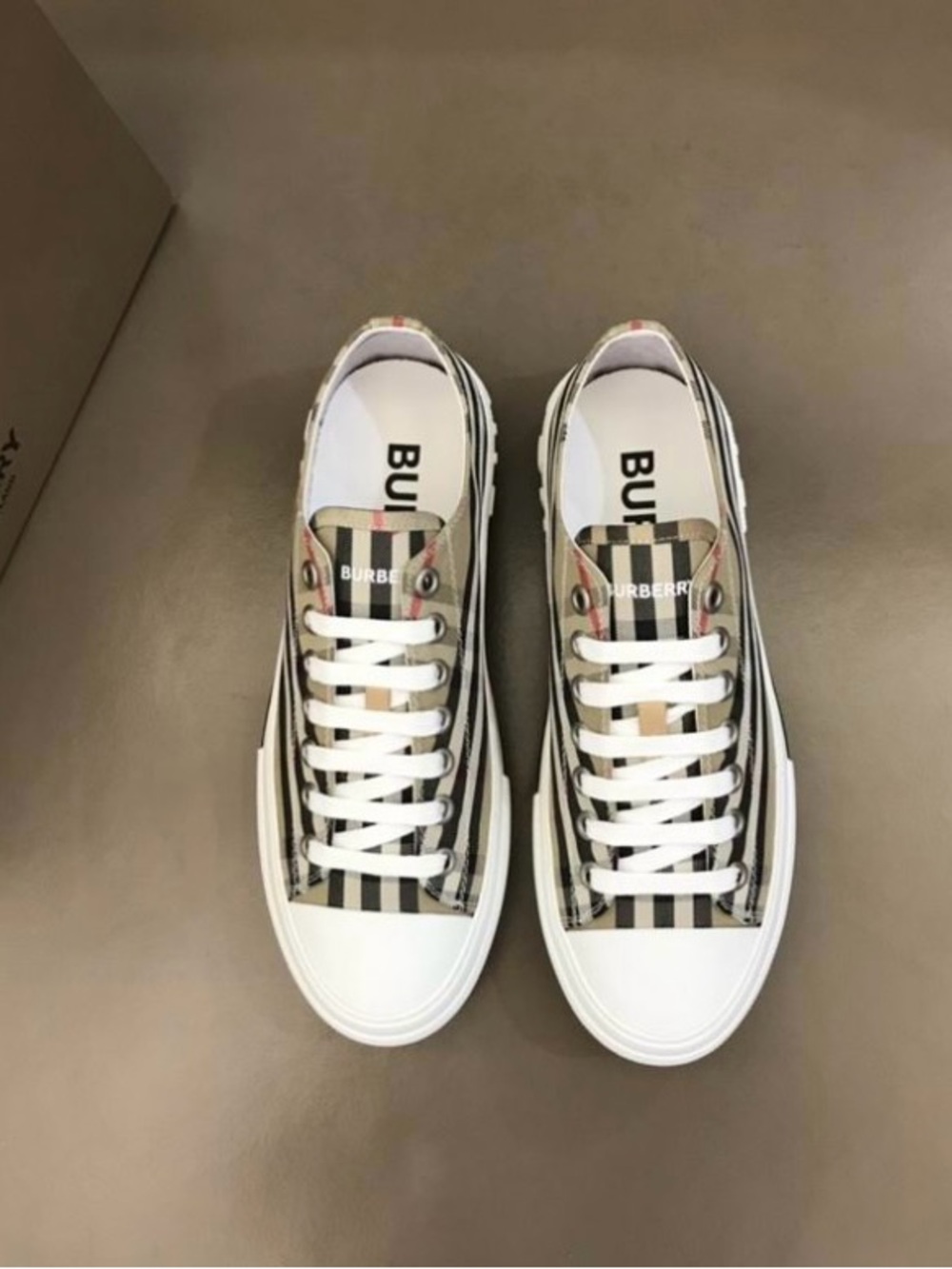 Burberry Check Canvas Low-Top Sneakers in Beige, Black & White